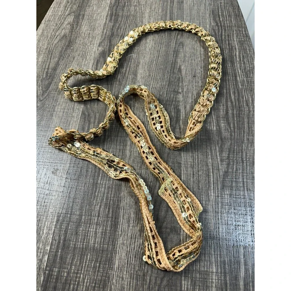 Women's Belt 69in Long Gold Rings Beige and Gold Sequin Fabric Tie Belt